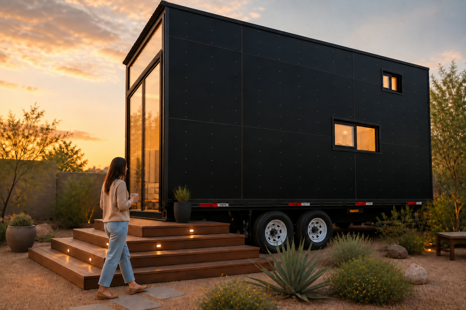 Rise20 tiny home with a two-panel sliding glass entrance, finished wood steps, warm light, and a homeowner